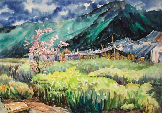 图为吴正英创作的水彩作品《吹绿山岚》。王琦美术博物馆供图 图为吴正英创作的水彩作品《吹绿山岚》。王琦美术博物馆供图