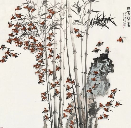 图为王发荣创作的作品《白雀闹春》。王琦美术博物馆供图 图为王发荣创作的作品《白雀闹春》。王琦美术博物馆供图