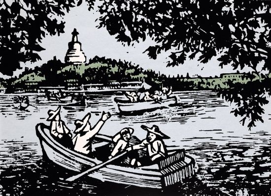 图为王炜1956年创作的套色木刻版画《让我们荡起双桨》.