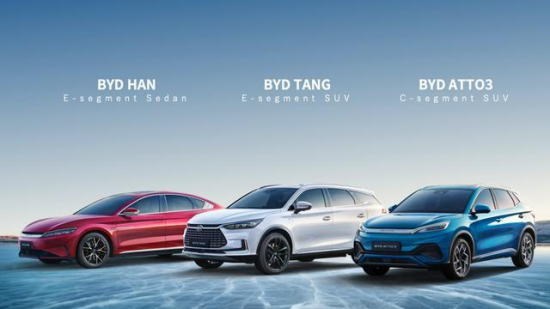 比亚迪汉、唐及BYD ATTO 3明星车型概念海报 比亚迪供图 比亚迪汉、唐及BYD ATTO 3明星车型概念海报 比亚迪供图