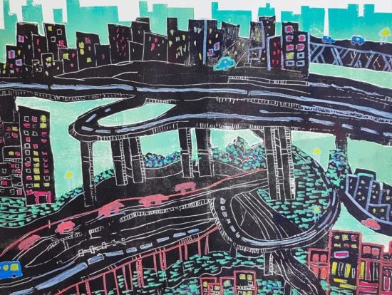 图为杨世轩创作的版画作品《山城立交桥》.王琦美术博物馆供图