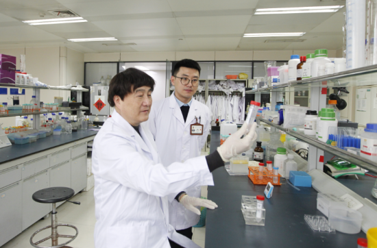 图为王学峰(左)指导田鑫开展实验。 受访者供图 图为王学峰(左)指导田鑫开展实验。 受访者供图