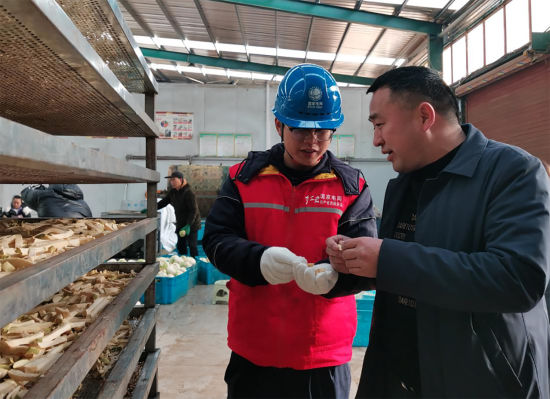 图为国网重庆奉节供电公司技术员陈乾坤向奉节县蔷薇药业负责人李辉了解企业用能需求。杨嵛杰 摄 图为国网重庆奉节供电公司技术员陈乾坤向奉节县蔷薇药业负责人李辉了解企业用能需求。杨嵛杰 摄