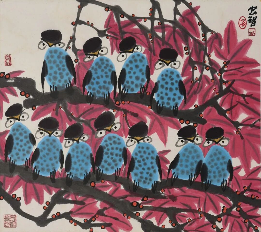 图为梅忠智创作的中国画作品《蓝羽栖丹枫》。王琦美术博物馆供图 图为梅忠智创作的中国画作品《蓝羽栖丹枫》。王琦美术博物馆供图