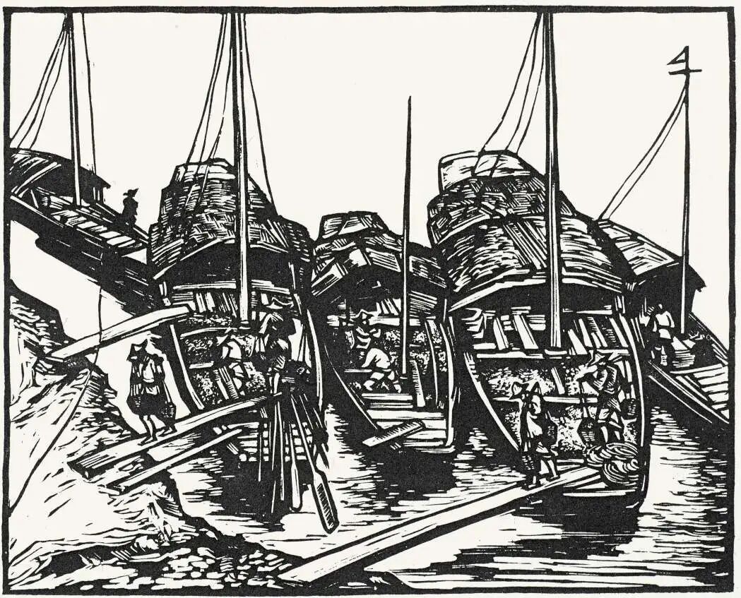 图为王琦于1940年创作的黑白木刻版画《嘉陵江上》。王琦美术博物馆供图 图为王琦于1940年创作的黑白木刻版画《嘉陵江上》。王琦美术博物馆供图